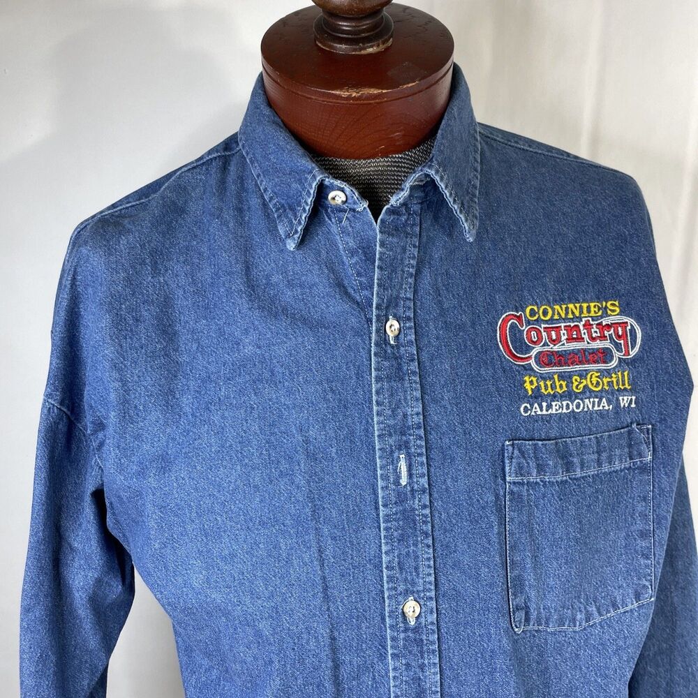 Men's Vintage Crystal Springs Jean Denim Uniform Shirt Blue L Branded USA EUC